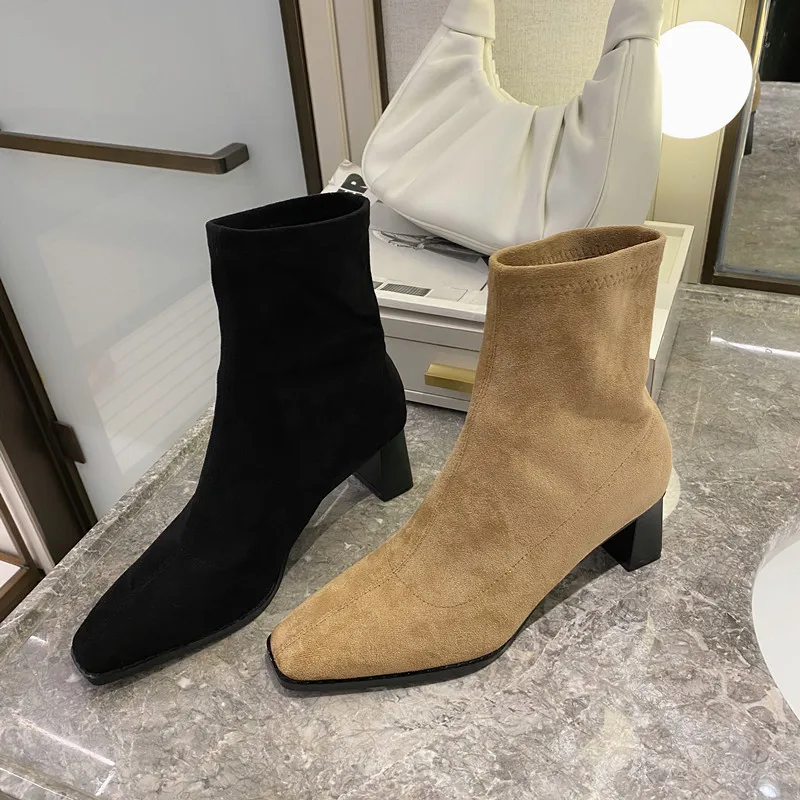 

2022 Fashion Sock Boots Square Toe Black/Beige Stretch Boots Woman Spring/Autumn Elegant Slip On Thick High Heels Fashion Shoes