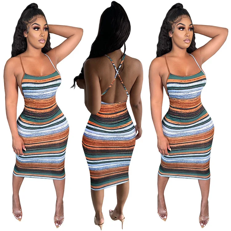 

G7035 Hot sell summer striped bodycon dress women 2021 sleeveless criss cross casual dress summer backless dresses women lady