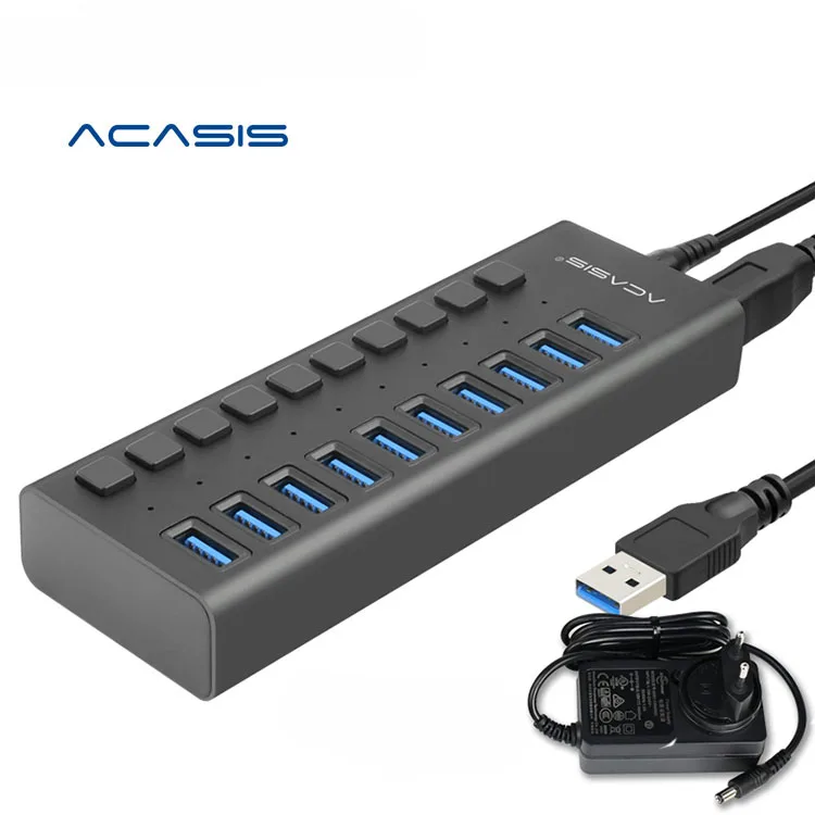 

Hot Selling Acasis USB 3.0 Hub 10 Port 12V 4A Power Adapter for Multi use, Black/ silver/ gray