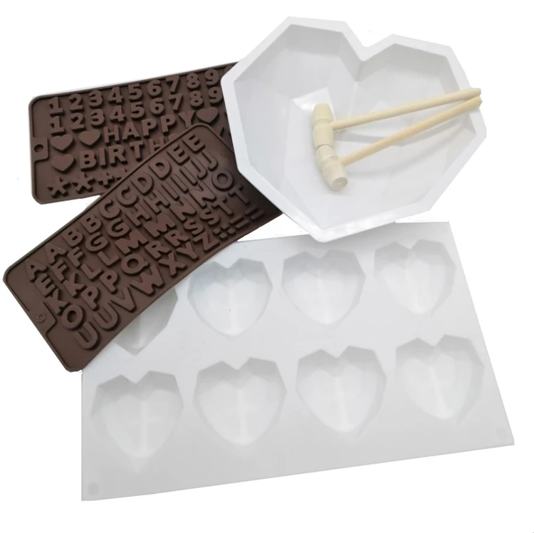 

Silicone diamond heart shape chocolate baking mold silicon mousses cake mold with mini wooden hammer, White