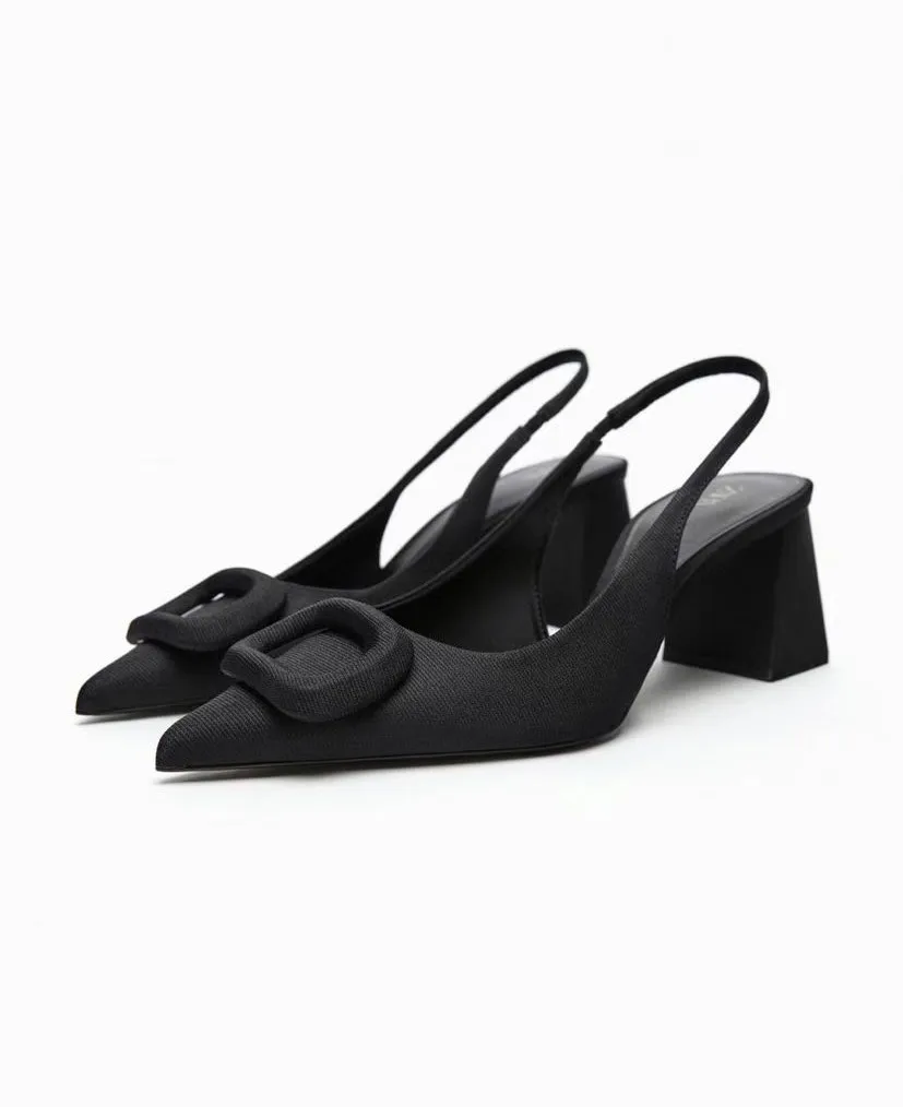 

Summer new black pointy square buckle decorative chunky high-heeled shoes