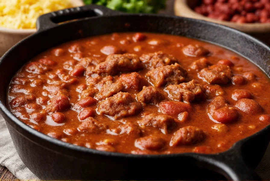 Authentic Texas chili in cast iron pot showing thick meaty texture with no beans, slow-cooked beef chunks visible