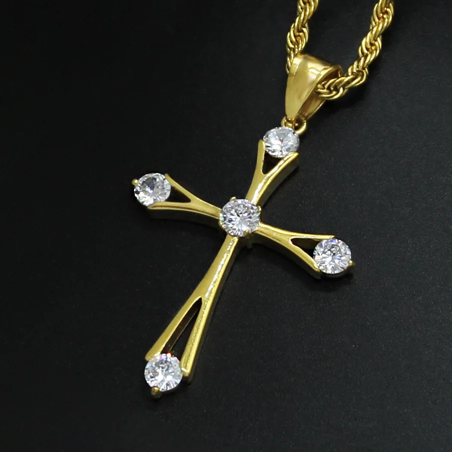 

Christian Jewelry Gold Plating Micro Pave Zircon Cross Necklace Stainless Steel Zircon Cross Pendant Necklace, As picture show