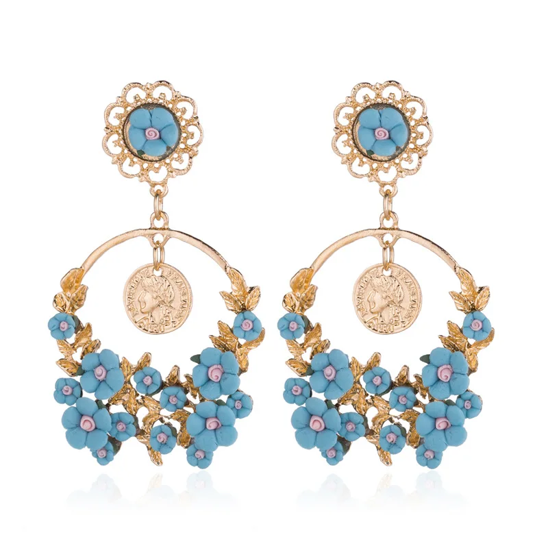 

Baroque New Design Blue Color Flower Circle Dangle Earrings 18K Gold Plated Coin Drop Flower Circle Earrings