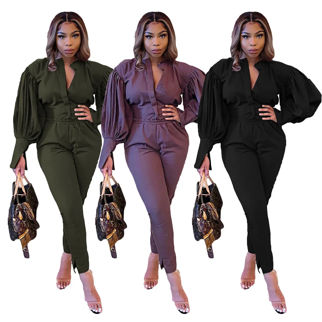 

Women Autumn Plus Size 2 Piece Clothing Set Solid Color Puff Sleeve Active Office Long Sets, Purple.black.army