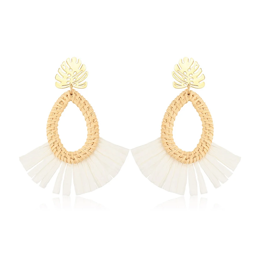

99597 Xuping gold plated women boho jewelry leaf design tassel straw wicker braid creamy-white fan earrings