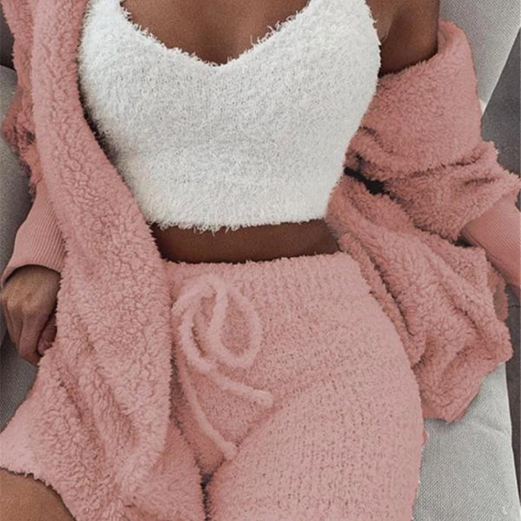 

Hooded womens plush 3 piece tracksuit ladies pajamas cardigan vest short pant women set