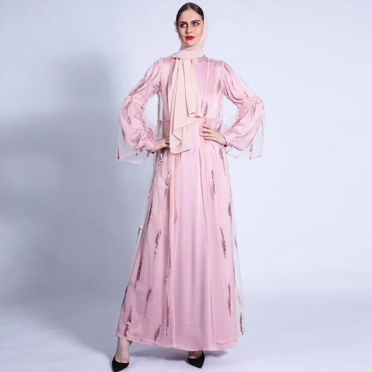 

Hot Selling Long Outer Mesh Sequins Flared Sleeves Coat Style Kimono Open Abaya Dress Muslim Women Outerwear