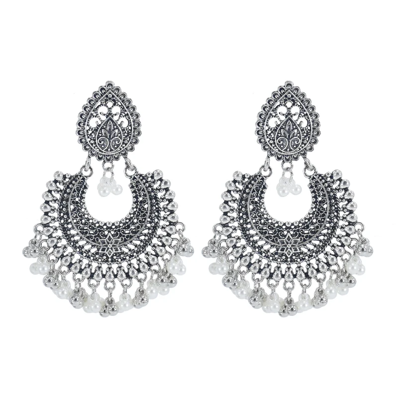 

Fashion Vintage Bollywood Oxidized Jewellery Ethnic Silver Afghan Tassel Earrings Flower Jhumka Indian Earrings
