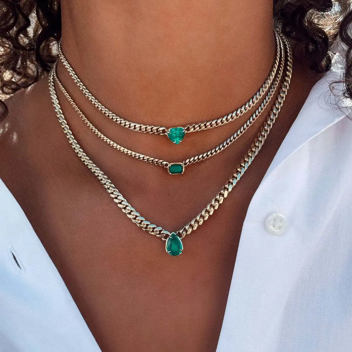 

18K Vacuum Plating Cuban Chain Choker Necklace Women Green Emerald Necklaces Vintage Stainless Steel Chain Cuban Necklace