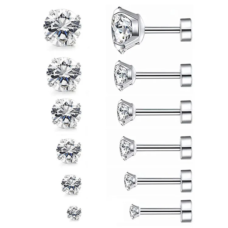 

G2318 Wholesale 3MM-8MM Stainless Steel CZ Men Cartilage Piercing Ear Studs Zircon Fashion Jewelry Earrings