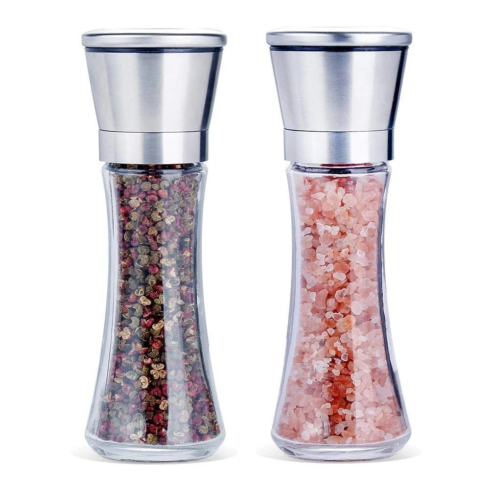 

Hot Sale Salt And Pepper Glass Bottle Grinder Refillable Stainless Steel Shakers with Adjustable Coarse Mills