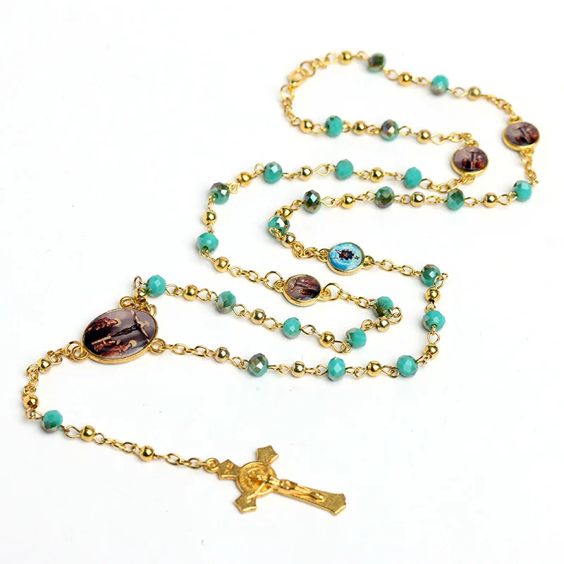 

Colorful Crystal Rosary Necklace Religious Items Muslim Rosaries Cross Pendant Prayer Beads Chain Virgin Mary Rosary Necklaces
