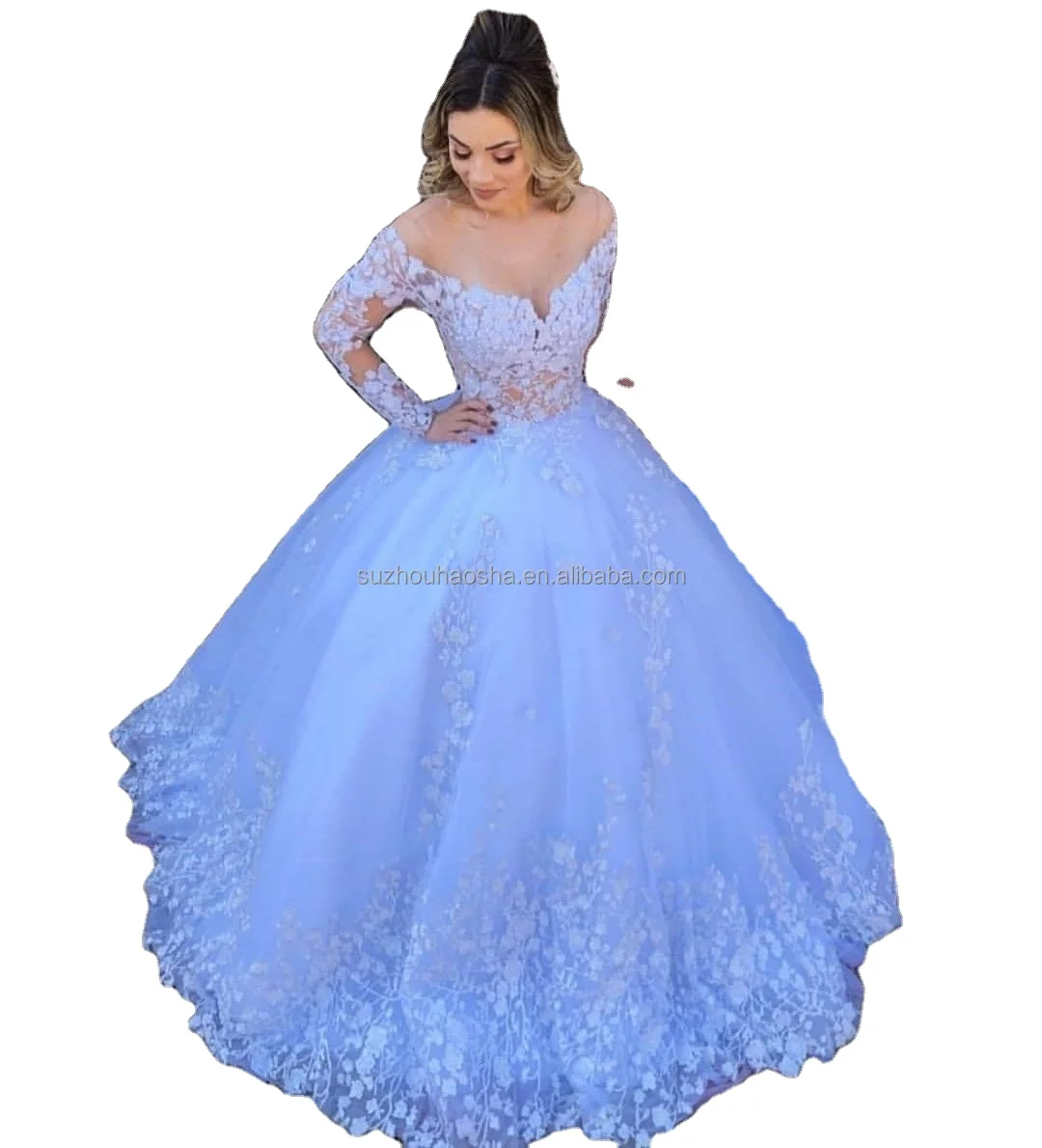 

Lace Appliques Long Sleeves Wedding Gowns Bridal Dresses White Princess Ball Gown 2022