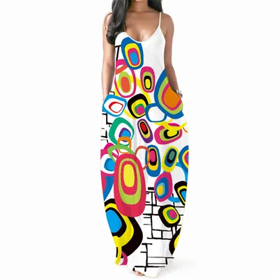 

Dresses for Women Casual Summer Spaghetti Strap Sexy V-Neck Loose Plus Size Long Maxi Dress with Pocket, Any pattern