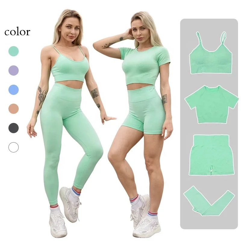 

Women Seamless Yoga Set Gym SportsWear Running Outwork Clothing Fitness Short Sleeve Top High Waist Legging Yoga SportsTracksuit, Picture show