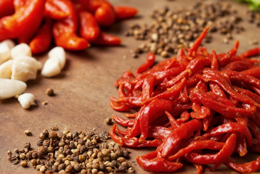 Close-up of Sichuan chili crisp ingredients showing different chili varieties, garlic pieces, and Sichuan peppercorns