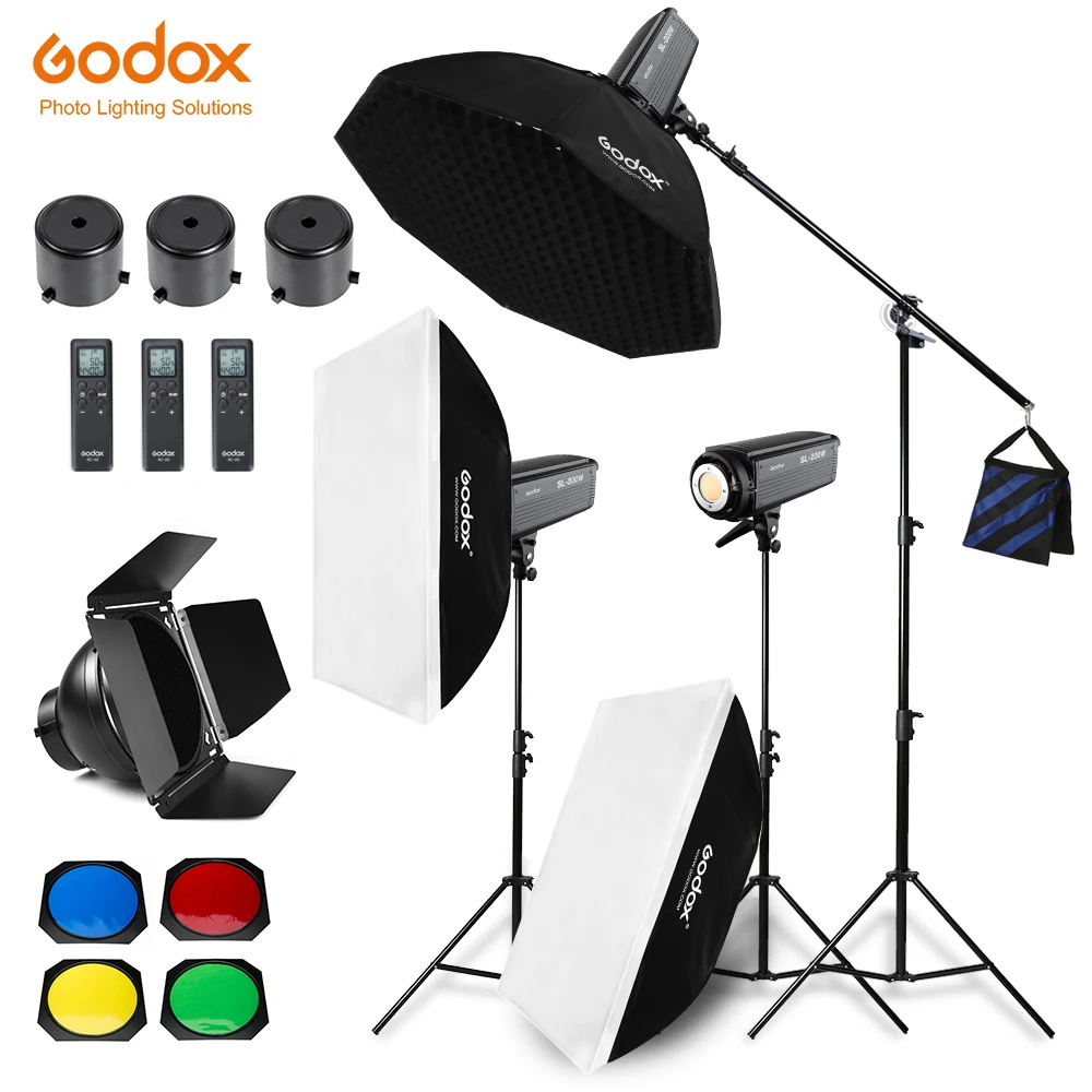 

inlighttech 600W Godox SL-200W 3x 200w Continuous Light Studio LED Light With Softbox, Stand, Honeycomb Grid, Boom Arm, Other