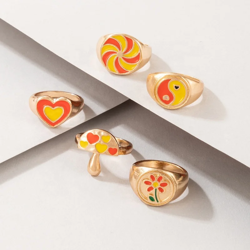 

Y2K Geometric Love Heart Yin Yang Enamel Rings Set Fashion Jewelry Orange Color Cute Chunky Metal Finger Ring Set