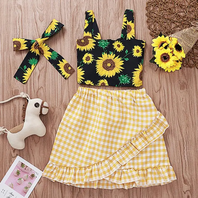 

Children's Clothing Girls yellow check plaid Clothing explosion Models Sunflower skirts 3Piece Kids Summer Clothing Sets