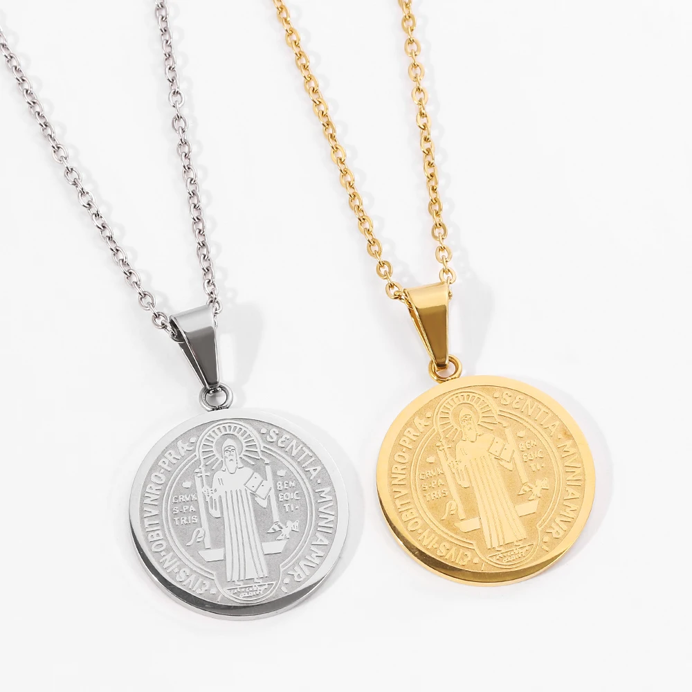 

Religious San Benito Medal Pendant Stainless Steel St Benedict Jesus Pendants & Necklaces For Women Men Child Jewelry Medallion, Gold,silver color
