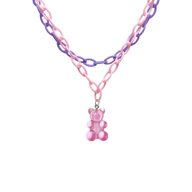 

Kids Multilayer Cartoon Necklace Cute Colorful Pink Y2k Gummy Little Resin Acrylic Teddy Bear Necklace Jewelry For Girls, Pink, orange, black, cream pink