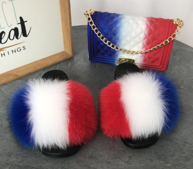 

Real fox fur slippers sandals jelly bag set women and kids fur slide and wallet set