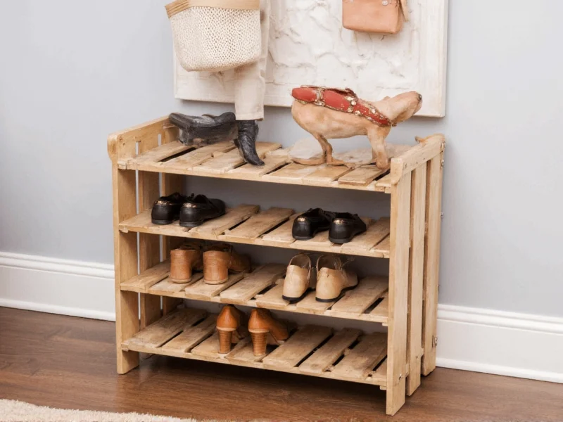 Pallet shoe storage rack in organized entryway