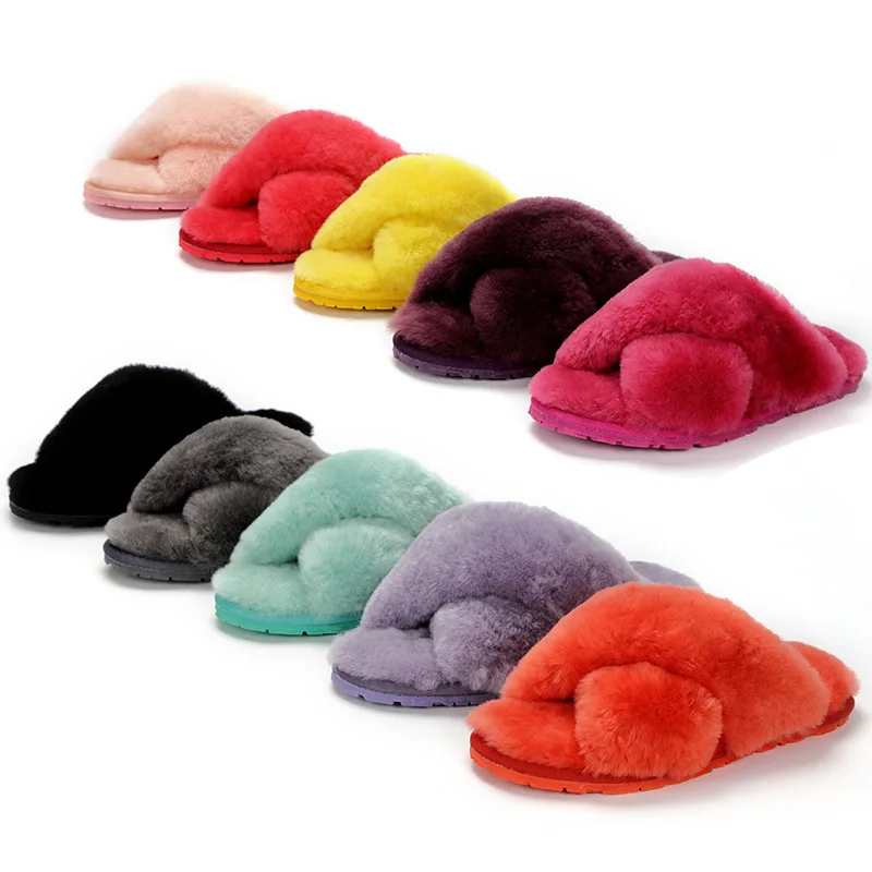 

Wholesale Winter warm ug real sheep fur boots slides for kids and women indoor vendor