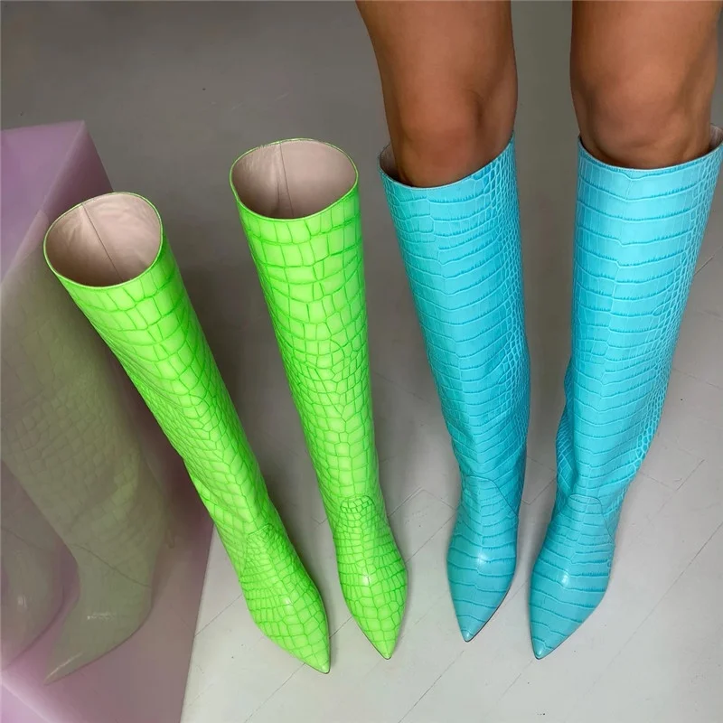 

Luxury Pointed Toe Sexy Crocodile Print Women's Knee High Boots Stiletto Heel Slip On Green Blue Leather Long Boots Shoe, Black,white,green,blue