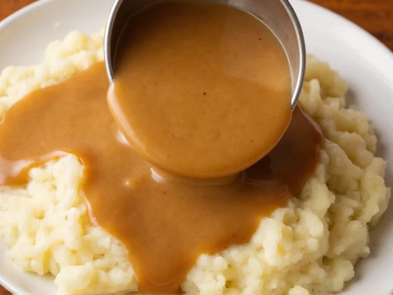 Smooth gravy poured over mashed potatoes