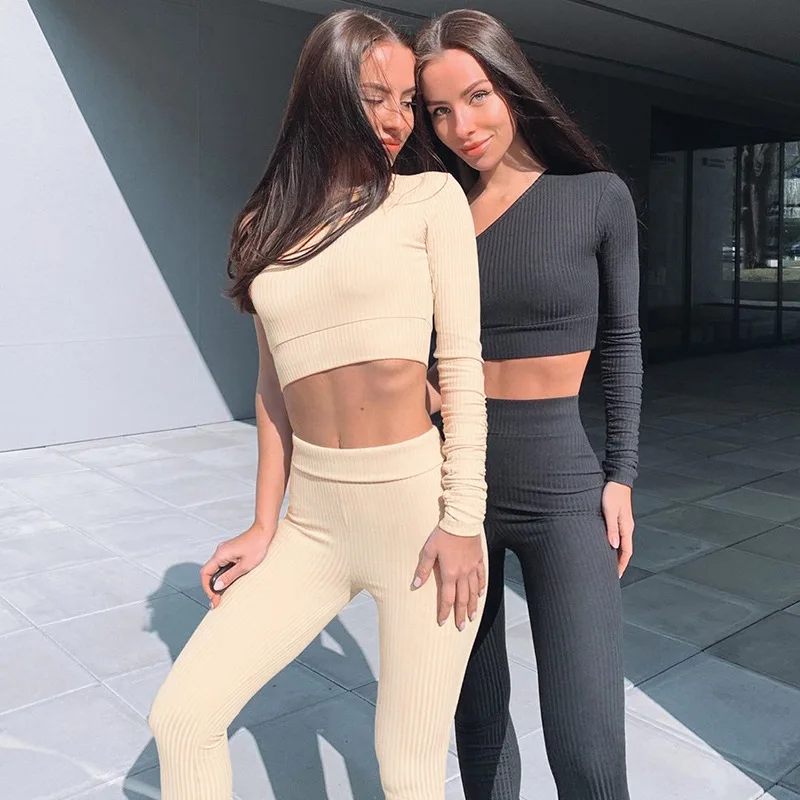 

Fashion One Sleeve Off Shoulder Tight Casual Pants Suit Long Sleeve Sport wear Women 2021 Two Piece Set, Black/apricot