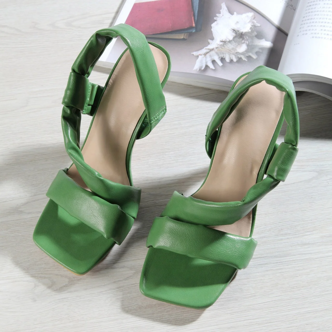 

Leather Upper Women Sandals Single Strap Special Design Shoes Concise Open Square Toe Slingback Thin High Heels Shoes, White,green