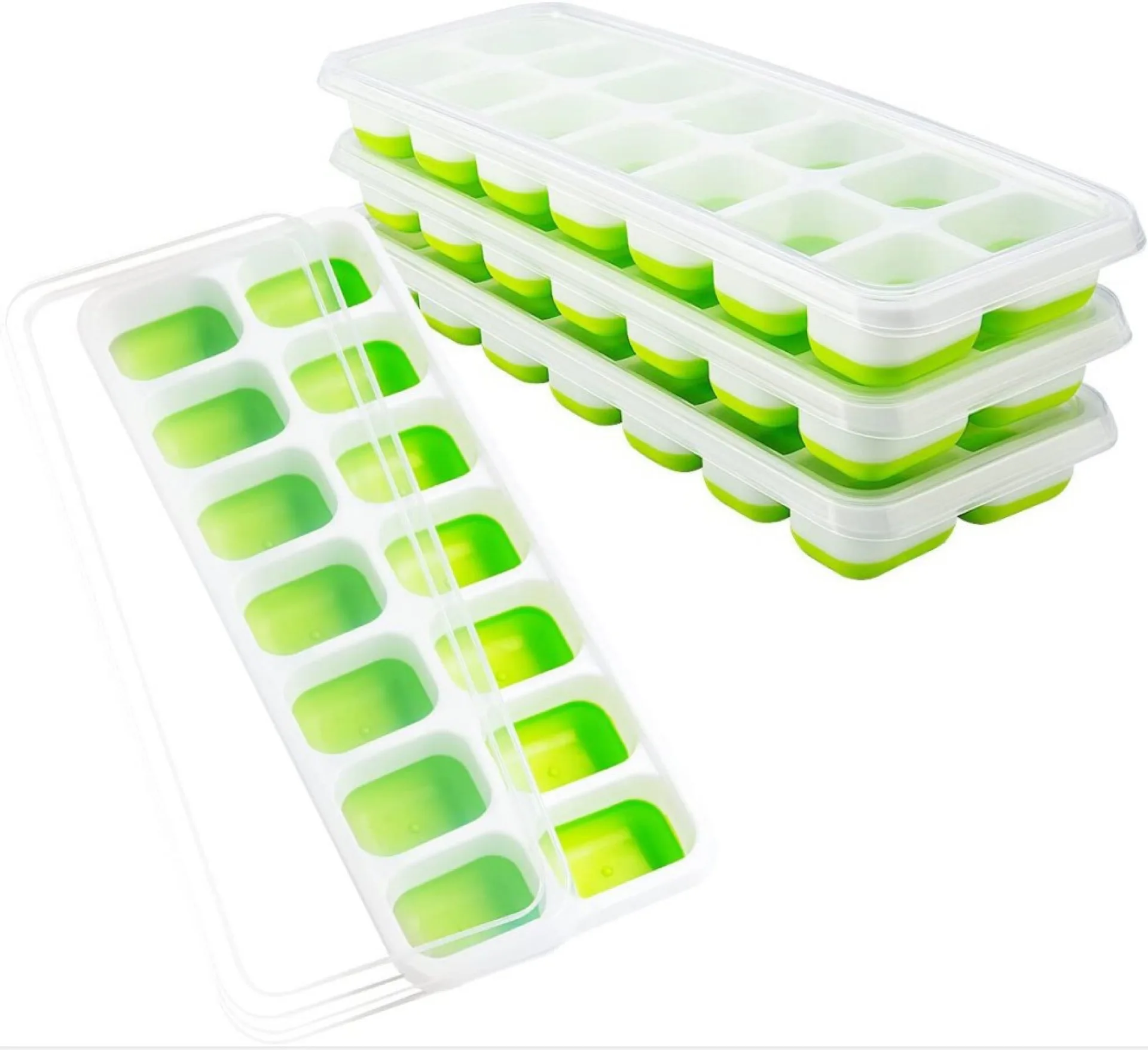 

4 Pack Easy-Release 14-Ice Silicone Ice Cube Trays with Removable Lid, LFGB Certified BPA Free Ice Trays with Covers, Green/blue