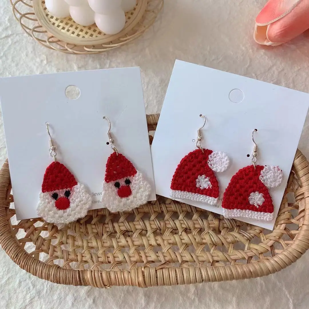 

2021 New Christmas tree hand-knitted Christmas hat and woolen girl earrings jewelry, Multicolor