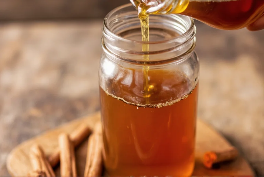 Close-up of homemade cinnamon syrup being poured into clear glass bottle with cinnamon sticks visible
