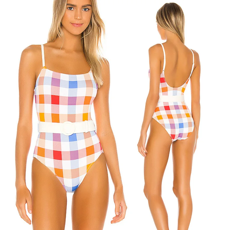 

2021 Women Multi Plaid Swimsuits With Belt Sexy Swimming Suit Push Up Monokini Swimwear Female Brazilian Bathing Suits