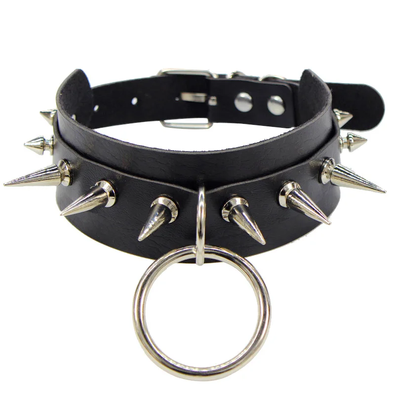 

Punk Rock Gothic Statement Big O-Round PU Leather Spike Rivet Choker Collar Necklace For Women, Picture