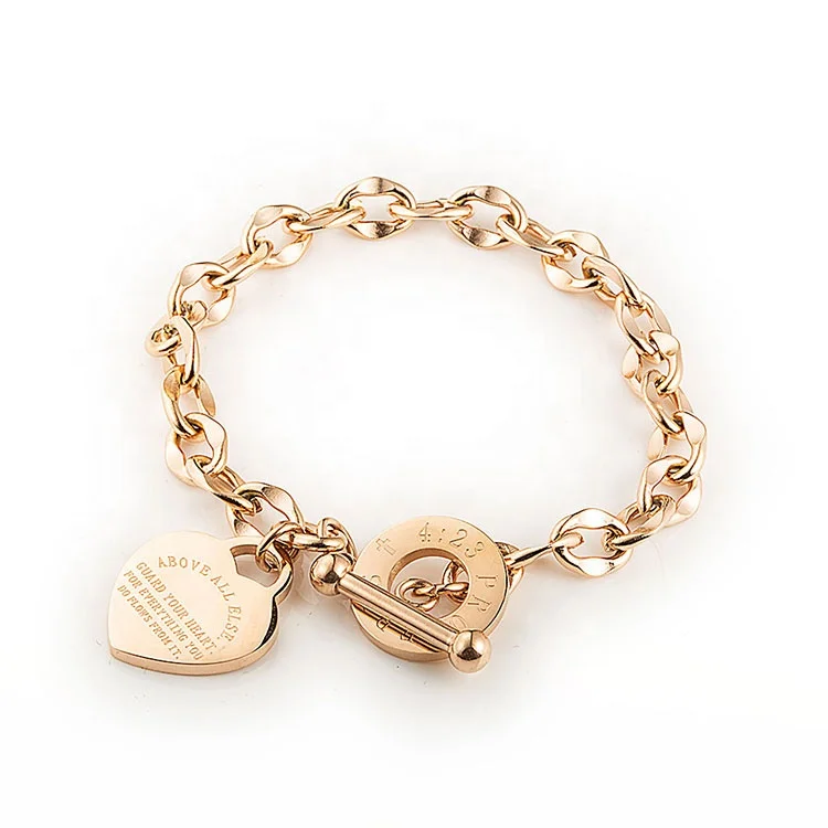 

Fine Heart Engraved Jewelry Stainless Steel Rose Gold Link Chain Bracelet For Women