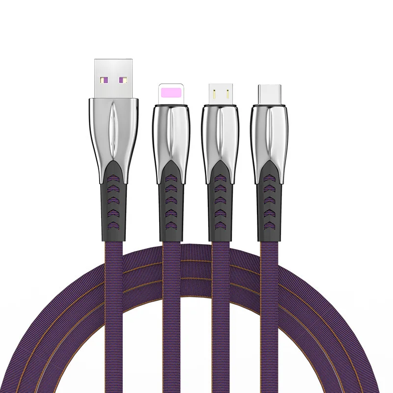

High Quality 3 in 1 Shark Fast USB Charging Cable For iPhone Zinc Alloy Charger Cable For Samsung IOS Micro Type-c Data Line, Green , red , puple , dark red