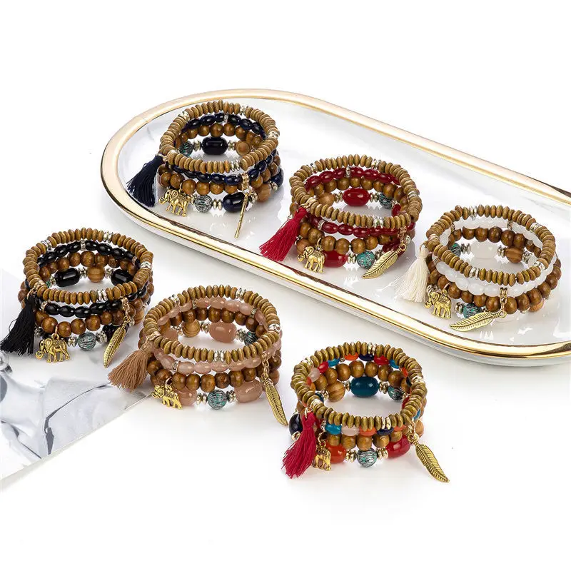 

Wholesale Vintage wooden beads Glass bead bracelet Cute elephant Multi-layer elasticity Bracelet, As picture