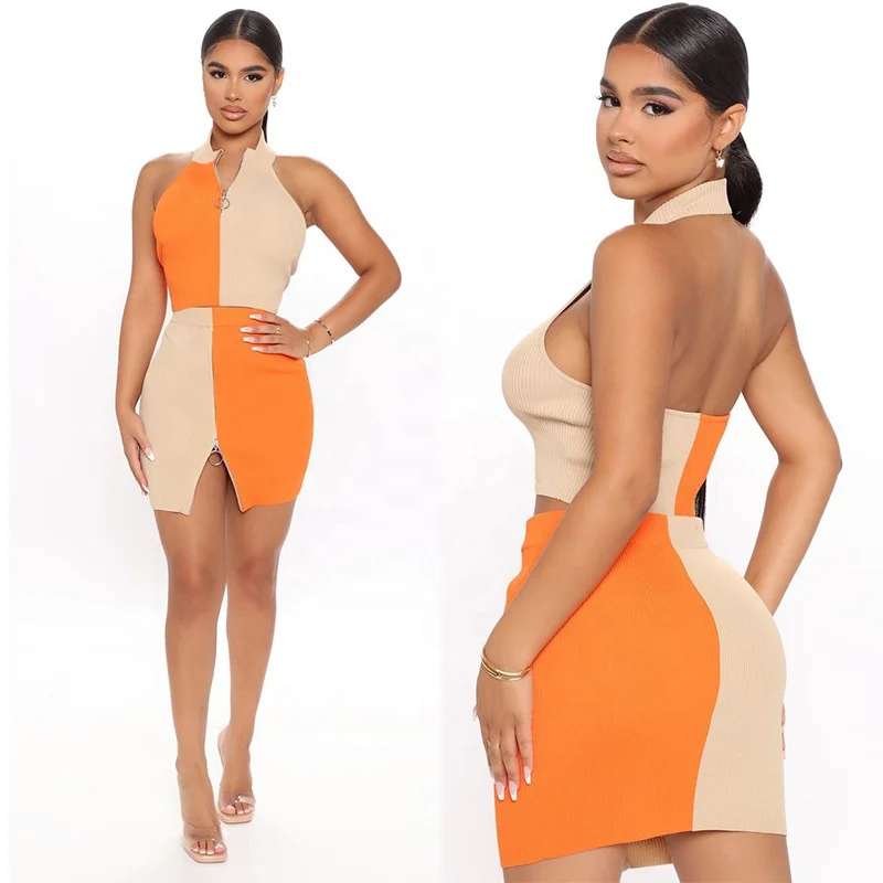 

Wholesale New Arrival Contrast Color Zipper Casual Set 2 Piece Sets Women Two Piece Skirt Set