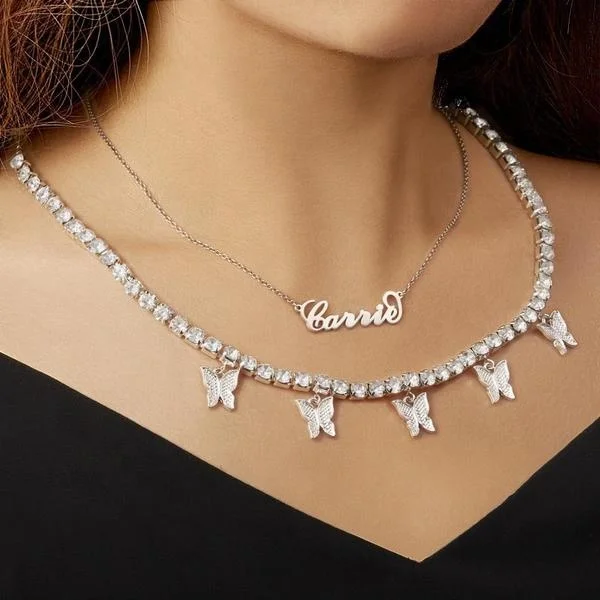 

Wholesale Women Alloy Silver Crystal CZ Tennis Collier Rhinestone Choker Jewelry Charm Butterfly Necklace