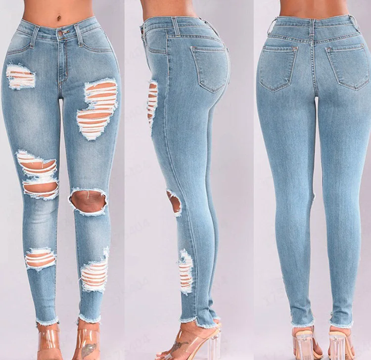 

Free Sample Women High Waist Hip Lifting Ripped Denim Slim Fit Denim Jeans, Picture
