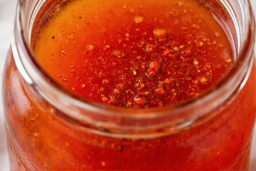 Close-up of authentic Chiu Chow chili oil in glass jar showing distinctive pinkish hue and visible fermented red yeast rice particles