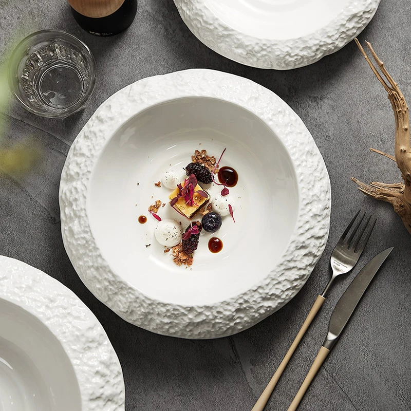 Deluxe White Round Rock Ceramic Plate for Home Creative Hotel and Restaurant Tableware Sustainable Feature for Soup