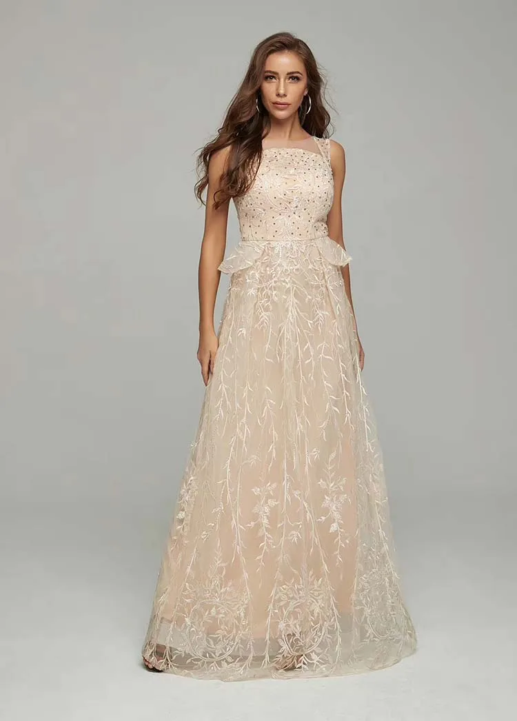 2019 杏色长长度无袖贴花时尚礼服晚礼服