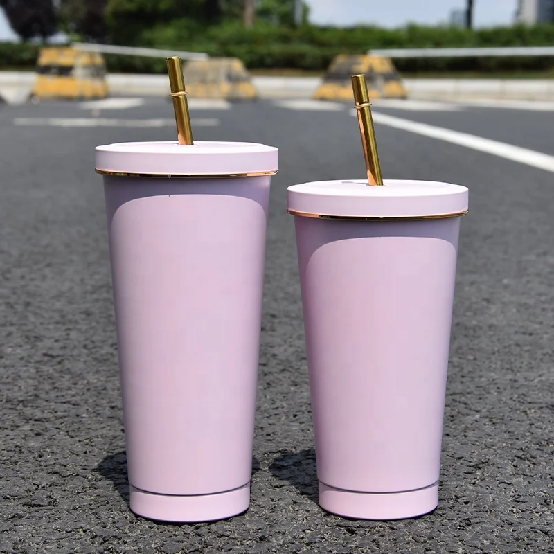 

Ready to Ship 750ml New Designed Tapered Straw Tumbler Double Wall Insulated Gold Rim Tumbler with Lids and Straws, Black/blue/pink/purple/dark green