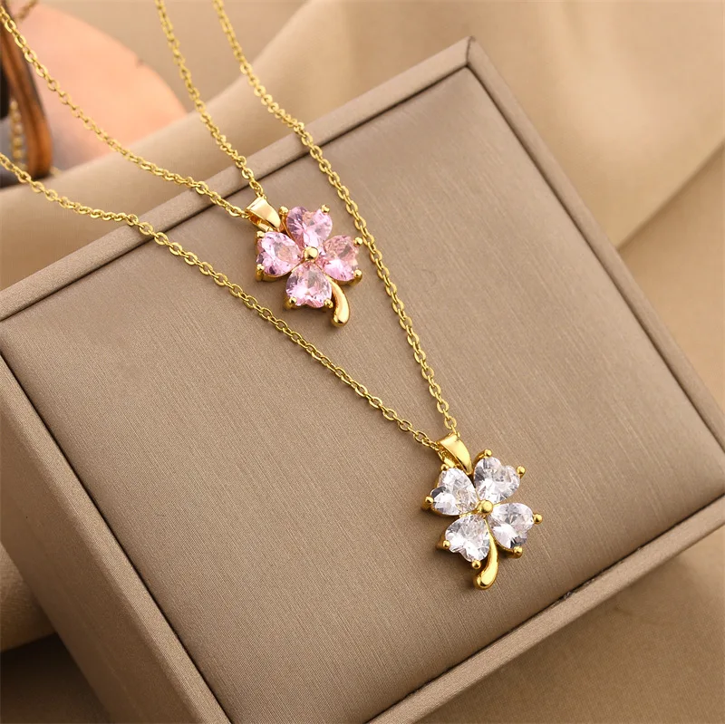 

Sailing Jewelry Newest Crystal Four Leaf Clover Pendant Necklace Charming Fashion Titanium Steel Four Leaf Clover Necklace