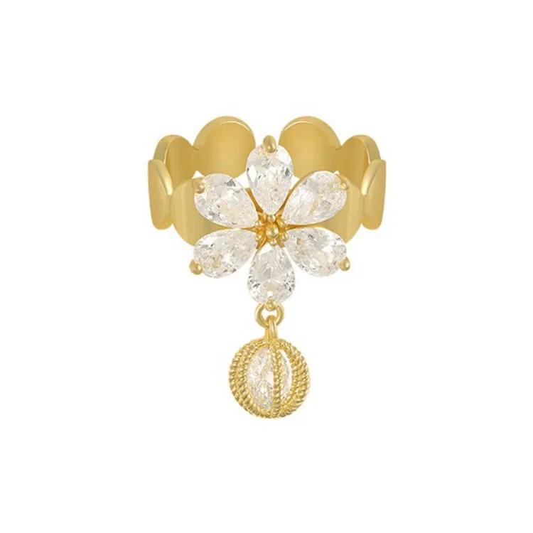

2021 Hot Fashion Jewelry Exquisite Cubic Zircon 14K Real Gold Flower Ring Hollow Opening Crystal Flower Ring